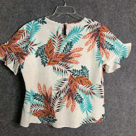 Van Heusen Linen Blend Hawaiian Leaf Print Top NWT Short Ruffle Sleeve Sz XL - Picture 9 of 12